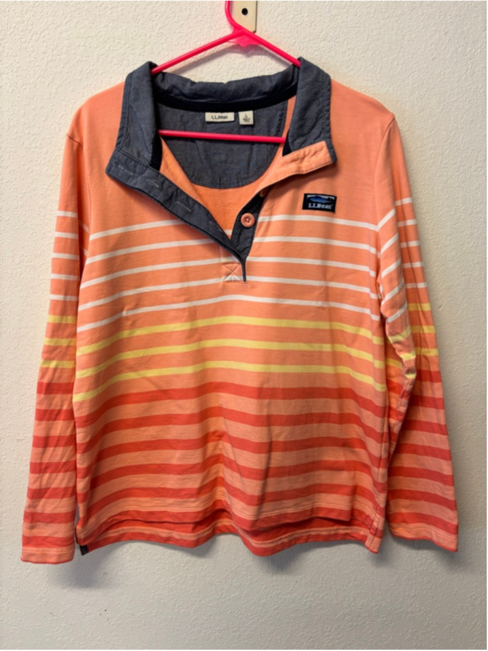 L.L.Bean Long Sleeve Tee Petite Large Striped Pull Over 100% Cotton